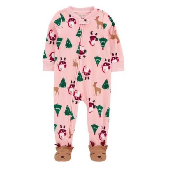 NEW 3T Girls Fleece Christmas Reindeer & Santa Footie Pajamas - Picture 1 of 4
